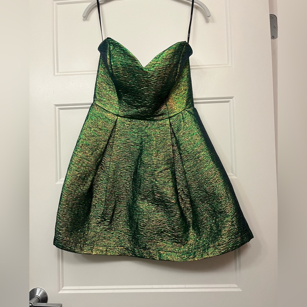 Fabulous emerald and gold shimmer mini dress with full skirt
